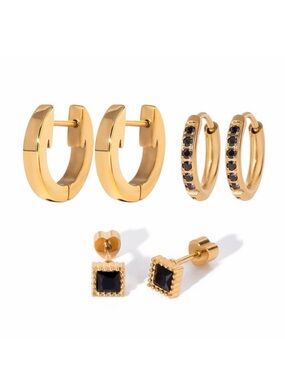 3 Pairs | 18K Gold Plated Black Crystal Earring Set